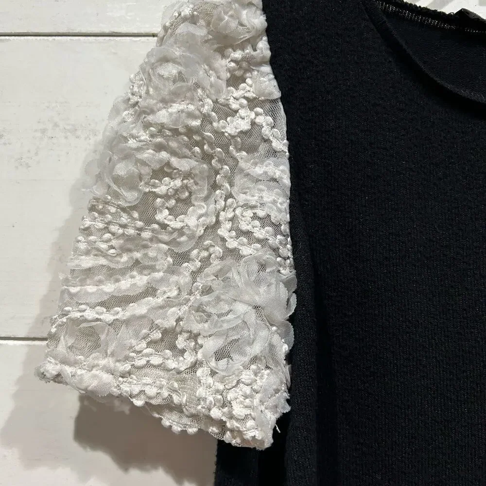 Zara Lace Organza Cap Sleeve Black & White Shirt - S